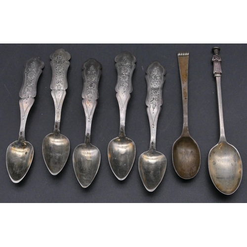 386 - 5 Eastern silver coloured metal teaspoons with engraved floral and leaf decoration, 2 other silver t... 