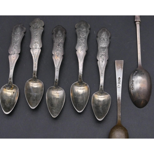 386 - 5 Eastern silver coloured metal teaspoons with engraved floral and leaf decoration, 2 other silver t... 