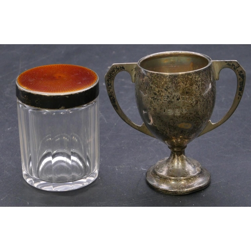 387 - A Birmingham silver small round bulbous 2-handled trophy, 8cm high, 1.4oz and a cut glass dressing t... 