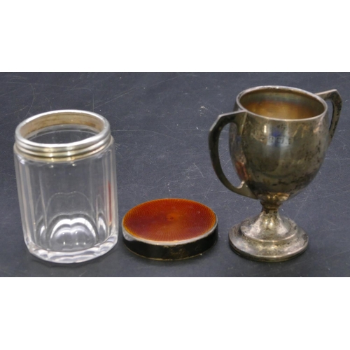 387 - A Birmingham silver small round bulbous 2-handled trophy, 8cm high, 1.4oz and a cut glass dressing t... 