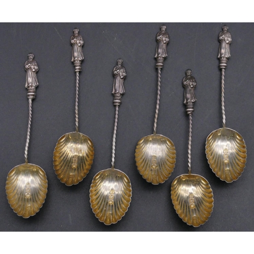 390 - A set of 6 late Victorian silver apostle teaspoons with twist stems and shell shaped bowls, London 1... 