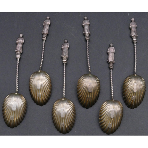 390 - A set of 6 late Victorian silver apostle teaspoons with twist stems and shell shaped bowls, London 1... 