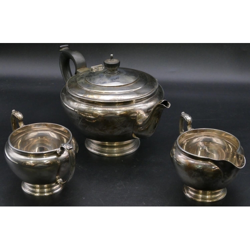 396 - An Edward VIII 3-piece silver round bulbous shaped tea service, comprising teapot with ebonised hand... 