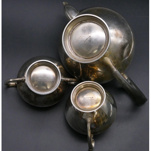 396 - An Edward VIII 3-piece silver round bulbous shaped tea service, comprising teapot with ebonised hand... 