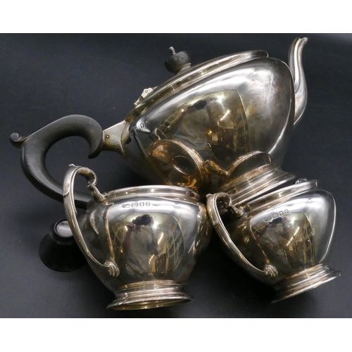 396 - An Edward VIII 3-piece silver round bulbous shaped tea service, comprising teapot with ebonised hand... 