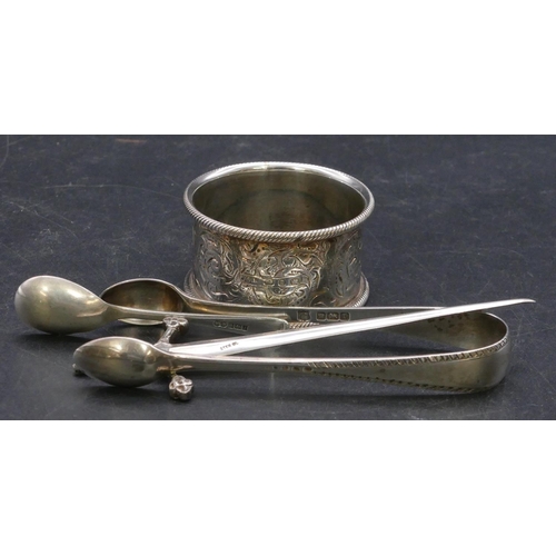 401 - A sterling silver paper knife in the form of a sword, a Birmingham silver napkin ring, a pair of She... 