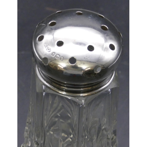 404 - A cut glass silver sugar castor with silver screw lid, 13.5cm high.