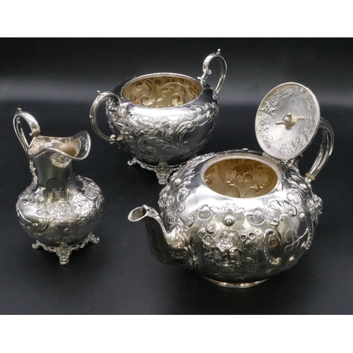 409 - A Harlequin set, 3 piece, round bulbous shaped tea service with allover embossed floral, leaf and sc... 