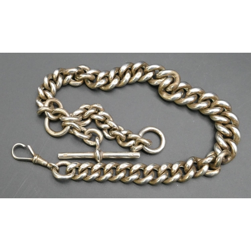 428 - An extremely large and heavy silver linked watch chain with T-bar, 52cm long, 344 grams.