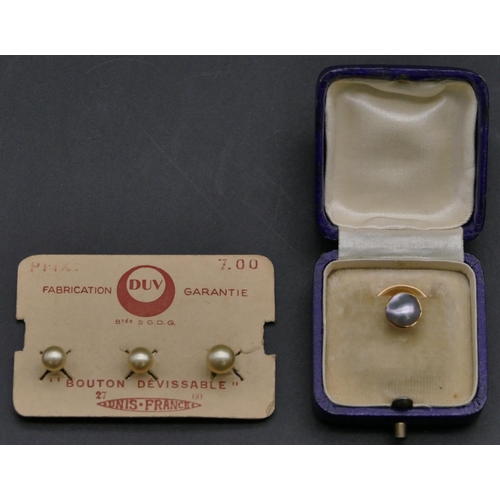 453 - A gold dress stud mounted with pearl, cased, other modern dress studs.