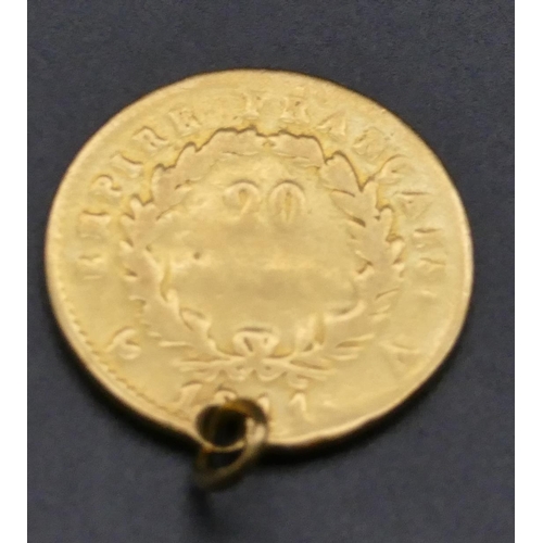 455 - A 19th Century Napoleon 20 Franc, 1811, mounted as a pendant (hole drilled to top), 6.1 grams.