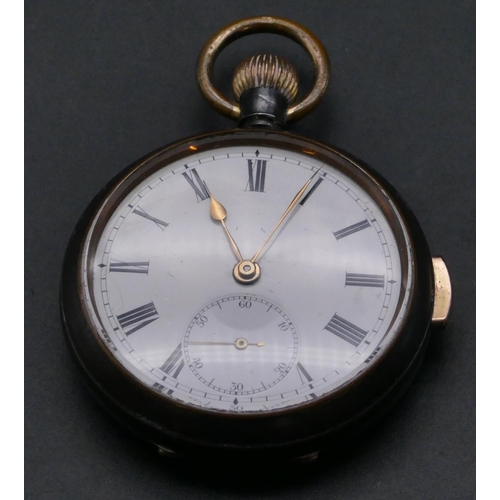 458 - A Swiss gun metal quarter strike repeater open faced pocket watch, white enamel dial, seconds dial, ... 