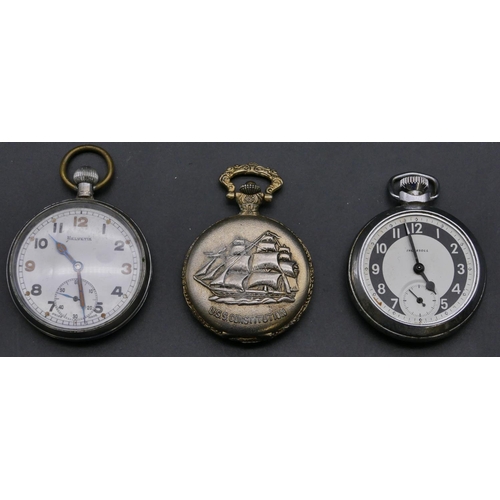 459 - An Ingersoll open faced pocket watch (glass bezel missing), a Helvetia open faced pocket watch with ... 