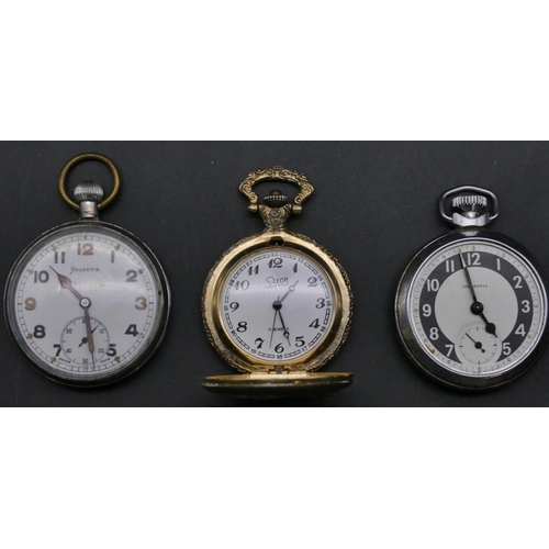 459 - An Ingersoll open faced pocket watch (glass bezel missing), a Helvetia open faced pocket watch with ... 