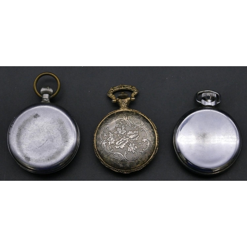 459 - An Ingersoll open faced pocket watch (glass bezel missing), a Helvetia open faced pocket watch with ... 