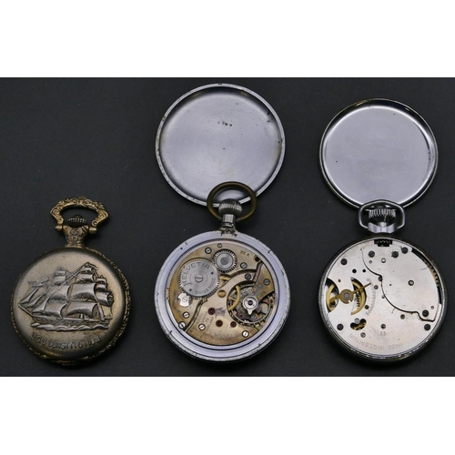 459 - An Ingersoll open faced pocket watch (glass bezel missing), a Helvetia open faced pocket watch with ... 