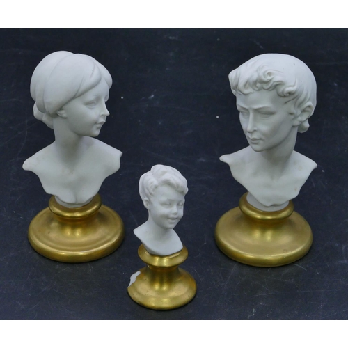 60 - A pair of Naples small Bisque busts of gentleman and lady on round gilt bases, 12cm high and a simil... 