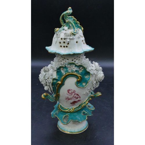 71 - An oval china bulbous shaped lidded vase with pierced and embossed encrusted acorn, leaf and floral ... 