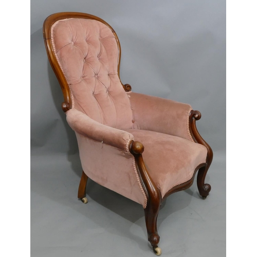 742 - A Victorian mahogany spoonback armchair with pink velvet over stuffed seat, button back and padded a... 