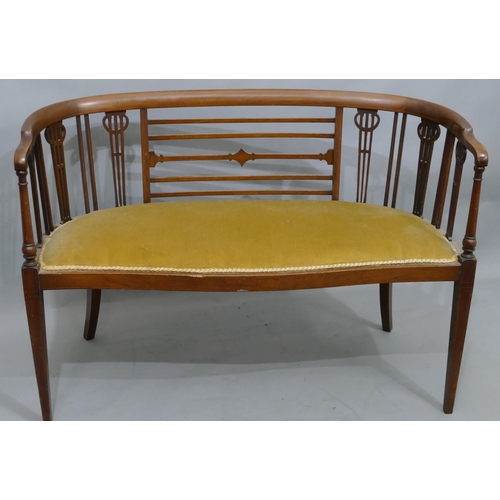 743 - An Edwardian mahogany 2-seater tub settee with inlaid boxing and stringing, over stuffed seat on squ... 