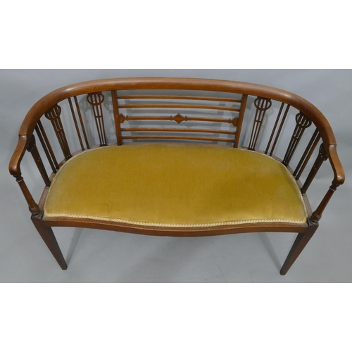 743 - An Edwardian mahogany 2-seater tub settee with inlaid boxing and stringing, over stuffed seat on squ... 