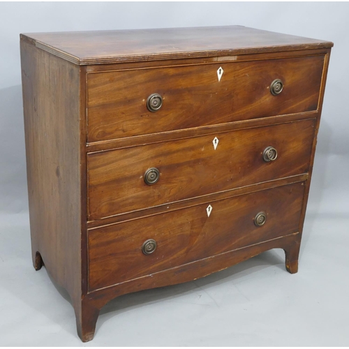 749 - A 19th Century mahogany straight front chest of drawers with reeded rim, 3 long drawers with drop br... 