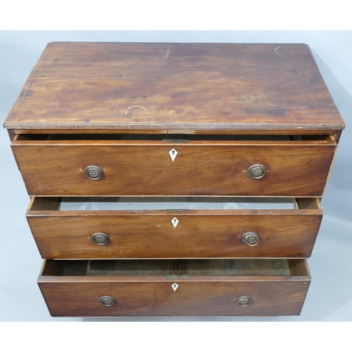 749 - A 19th Century mahogany straight front chest of drawers with reeded rim, 3 long drawers with drop br... 