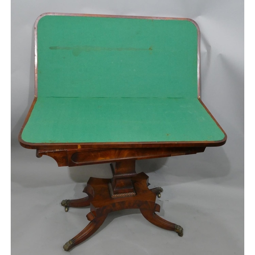 750 - A 19th Century mahogany card table with banded decoration, swivel hinged top enclosing green baize i... 