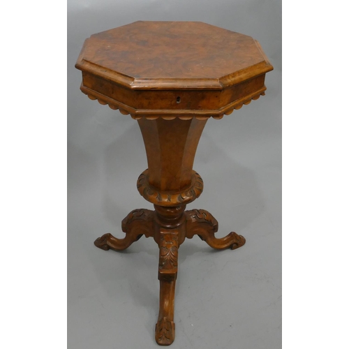 753 - A 19th Century burr walnut octagonal shaped workbox with hinged lid (hinges in need of restoration),... 