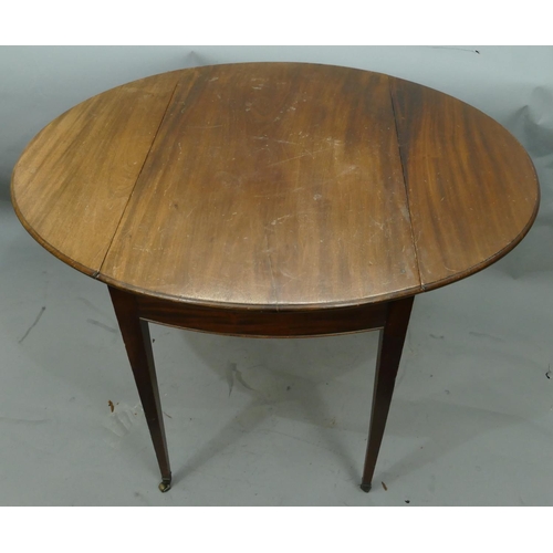 756 - A 19th Century mahogany oval drop leaf Pembroke table with single drawer, on square tapering legs wi... 