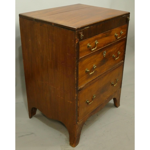 757 - A small 19th Century mahogany Batchelors chest with part fold-over top with supports, 3 long graduat... 