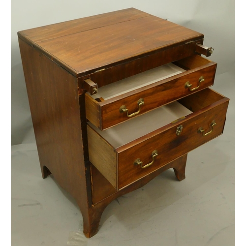 757 - A small 19th Century mahogany Batchelors chest with part fold-over top with supports, 3 long graduat... 