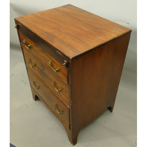 757 - A small 19th Century mahogany Batchelors chest with part fold-over top with supports, 3 long graduat... 