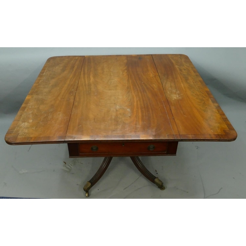 760 - A 19th Century mahogany Pembroke table with banded top, 1 drawer, 1 dummy drawer, on centre column s... 