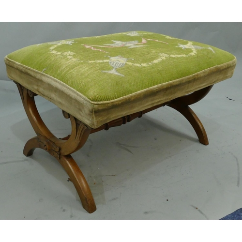 761 - A 19th Century mahogany framed foot stool with green needlework overstuffed seat with vase and swag ... 