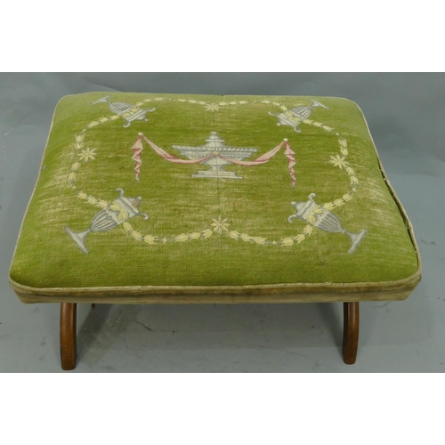 761 - A 19th Century mahogany framed foot stool with green needlework overstuffed seat with vase and swag ... 