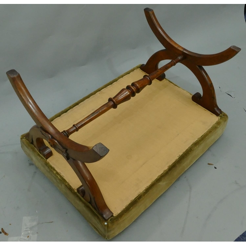 761 - A 19th Century mahogany framed foot stool with green needlework overstuffed seat with vase and swag ... 