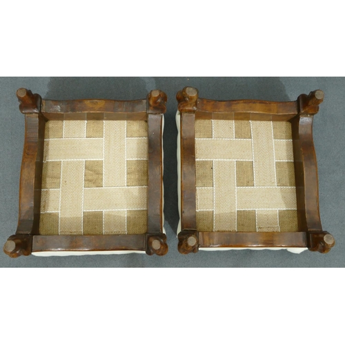 763 - A pair of walnut square footstools with white overstuffed seats on short cabriole legs, 31.5cm wide.