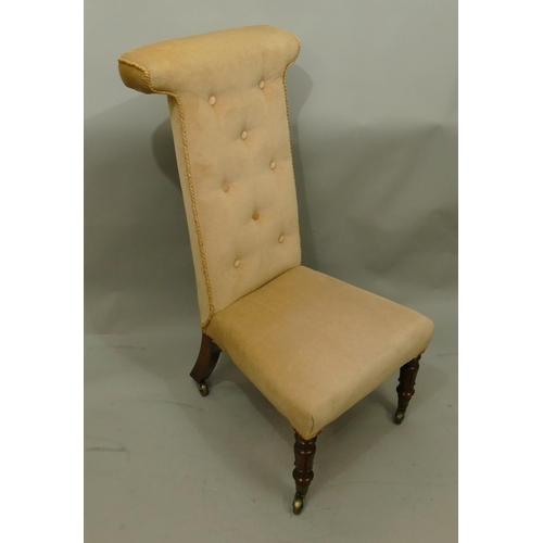 769 - A 19th Century mahogany framed prayer/nursing chair with cream velvet overstuffed seat and button ba... 