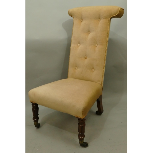 769 - A 19th Century mahogany framed prayer/nursing chair with cream velvet overstuffed seat and button ba... 