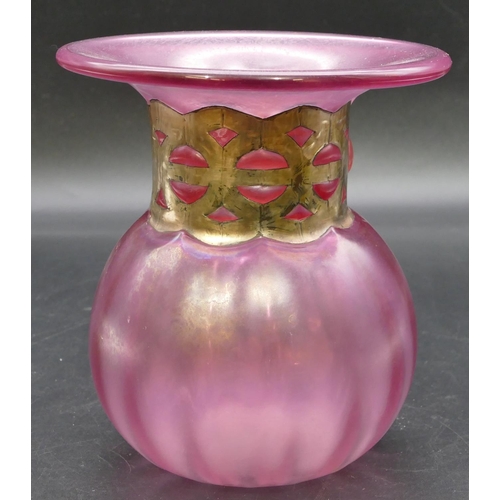 8 - An Art Nouveau style ruby glass round bulbous thin necked trumpet shaped vase with metal decorated n... 