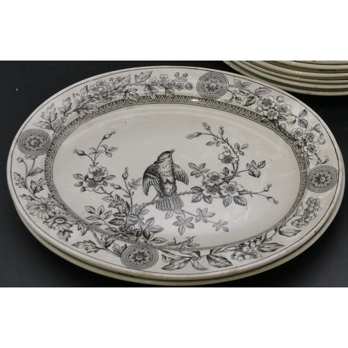 83 - TG & F Booth set of 12 china dinner plates on black and white ground with bird, branch and floral de... 