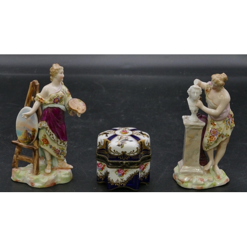 93 - A pair of Continental china figures of a lady artist and sculptor (right hand missing), 12cm high an... 