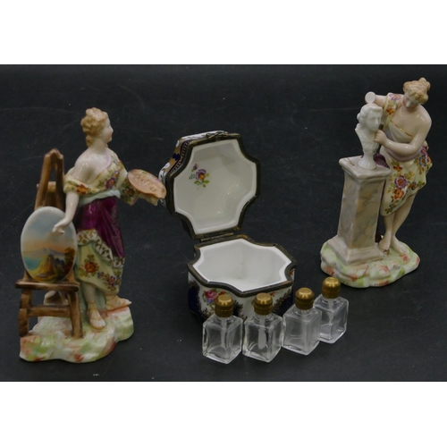 93 - A pair of Continental china figures of a lady artist and sculptor (right hand missing), 12cm high an... 