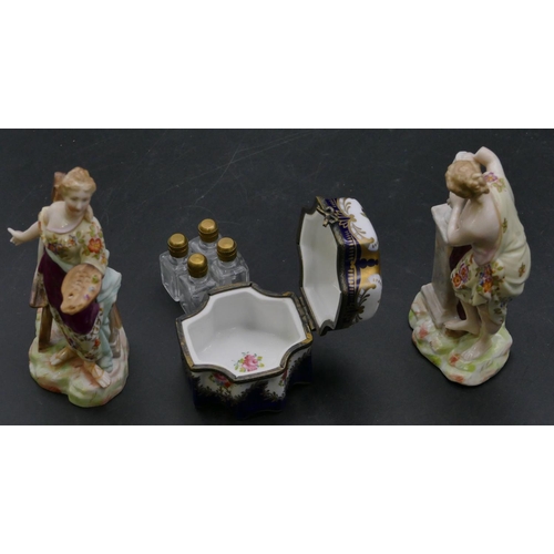 93 - A pair of Continental china figures of a lady artist and sculptor (right hand missing), 12cm high an... 