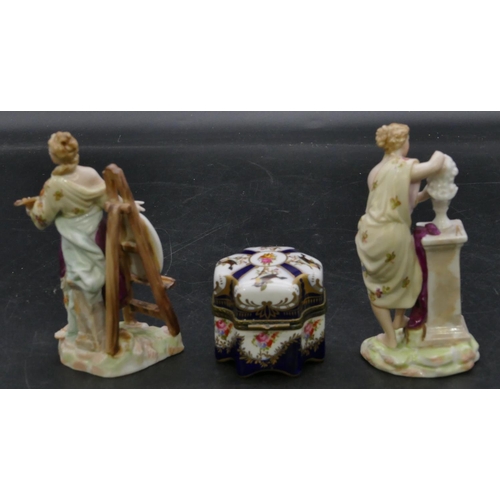 93 - A pair of Continental china figures of a lady artist and sculptor (right hand missing), 12cm high an... 