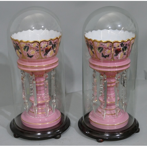 101 - A pair of pink opaline glass lustres with painted floral leaf and gilt decoration, with cut glass dr... 