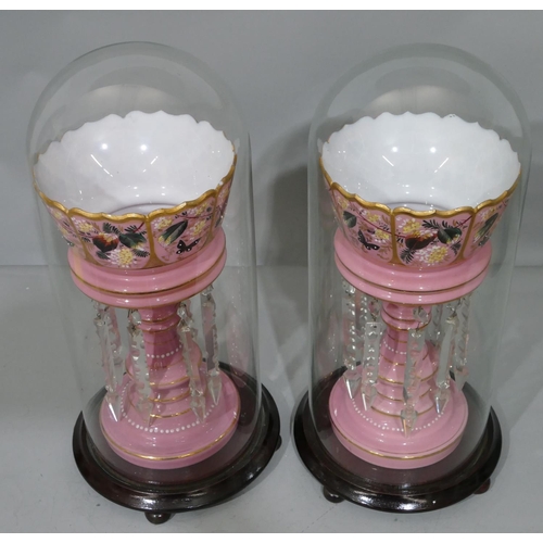 101 - A pair of pink opaline glass lustres with painted floral leaf and gilt decoration, with cut glass dr... 