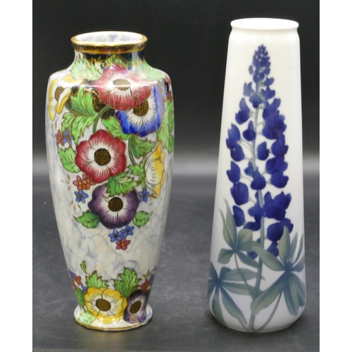 111 - B&G Copenhagen cylindrical vase on white and blue ground with floral and leaf decoration, 25.5cm hig... 