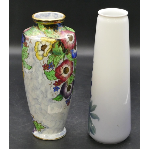 111 - B&G Copenhagen cylindrical vase on white and blue ground with floral and leaf decoration, 25.5cm hig... 